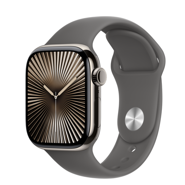 Smartwatch Apple Watch Series 10, celular, 42 mm, carcasa din titan natural, curea sport gri piatra, M/L