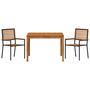 Set de dining pentru grădină 3 piese din poli rattan negru și acacia