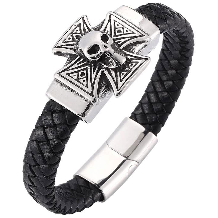 Predator Q1 bőr karkötő - kereszt/koponya 20,5cm PD0276/V (8596544005240)