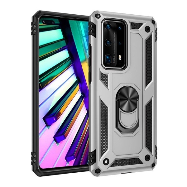 Huawei P40, Műanyag hátlap védőtok, közepesen ütésálló, szilikon belső, telefontartó gyűrű, Defender, ezüst (G94720)