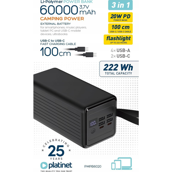 Platinet PMPB6020 60000mAh 20W PD PowerBank Black
