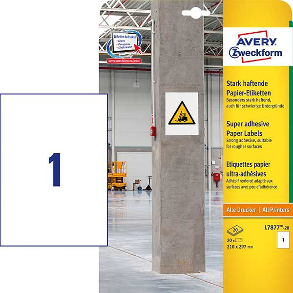 Avery-Zweckform L7877-20 210 x 297 mm Papír Fehér 20 db Véglegesen tapadó, Erősen tapadó Erős ragasztó címkék 20 lap DIN A4 (L7877-20)