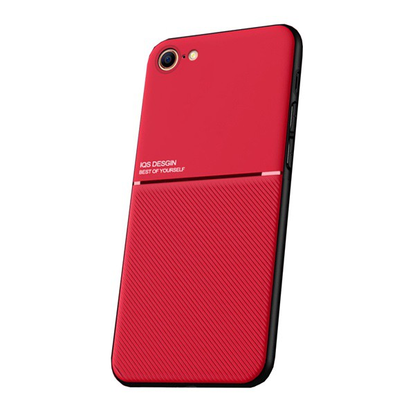 Műanyag telefonvédő (szilikon keret, közepesen ütésálló, beépített fémlemez, bőr hatású hátlap, csíkos minta) PIROS [Apple iPhone SE 3 (2022)] (5996457991877)