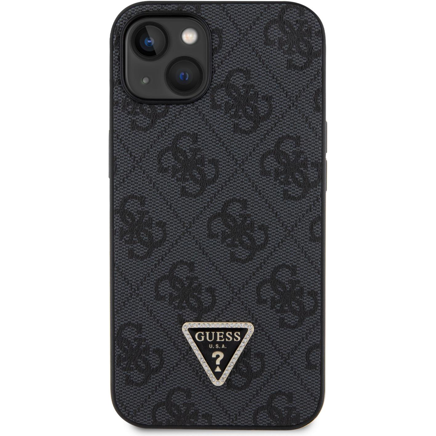 Guess PU 4G Strass Triangle Metal Logo iPhone 15 fekete tok (GUHCP15SP4TDPK)