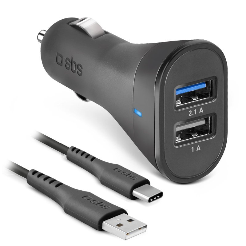 SBS TEKITCRC2U21AUL 2x USB Type-A Autós töltő + 1x USB Type-C kábel - Fekete (10W) (TEKITCRC2U21AUL)