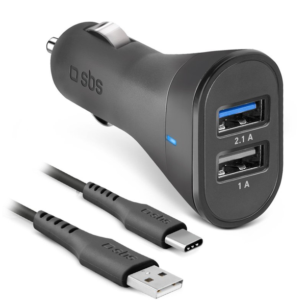 SBS TEKITCRC2U21AUL 2x USB Type-A Autós töltő + 1x USB Type-C kábel - Fekete (10W)