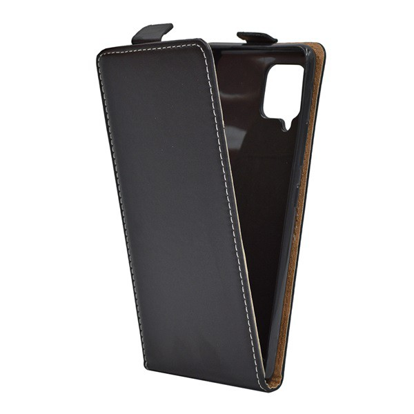 Tok álló, bőr hatású (FLIP, lefelé nyíló, szilikon tartó) FEKETE [Samsung Galaxy A42 5G (SM-A425F)] (5996591040226)