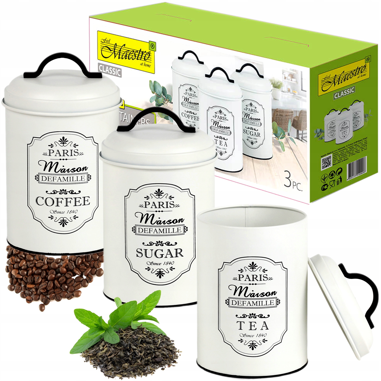 Maestro MR-1771 Paris Maison Fém ételtároló doboz 3 darabos készlet 1,4L - Fehér / mintás (MR-1771-3CS)