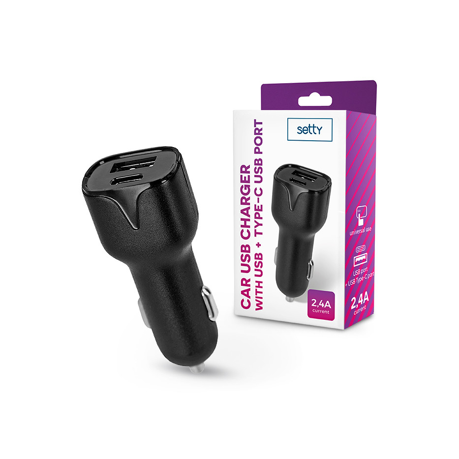 Setty USB + Type-C szivargyújtó töltő adapter - Setty Car USB Charger with USB +Type-C Ports - 5V/2,4A - fekete (TF-0026)