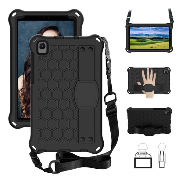 Defender szilikon telefonvédő (közepesen ütésálló, kitámasztó, méhsejt minta + kézpánt, vállpánt) FEKETE [Samsung Galaxy Tab A7 Lite LTE (SM-T225)] (5996591096230)