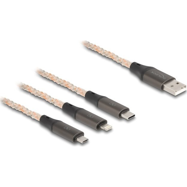 Delock 3in1 USB-A töltőkábel Lightning/Micro-USB/USB-C 1.2m RGB