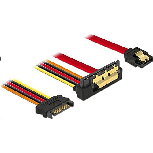 Delock 85229 SATA-kábel, 6 Gb/s, 7 tűs csatlakozóhüvely + 15 tűs SATA-csatlakozódugó > 22 tűs SATA-csatlakozóhüvely, lefelé ívelt, fém, 30 cm (85229)