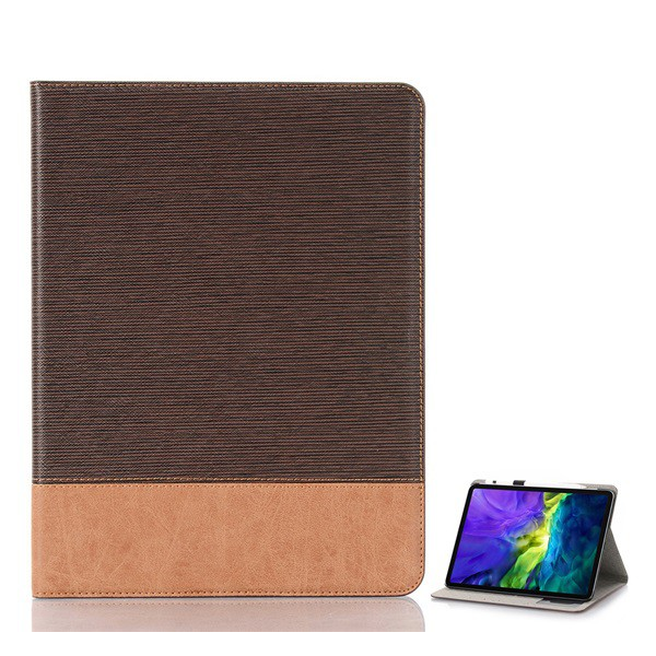Tok álló, bőr hatású (aktív FLIP, oldalra nyíló, asztali tartó funkció, textil minta) SÖTÉTBARNA [Apple IPAD Pro 12.9 (2020)] (5996457965465)