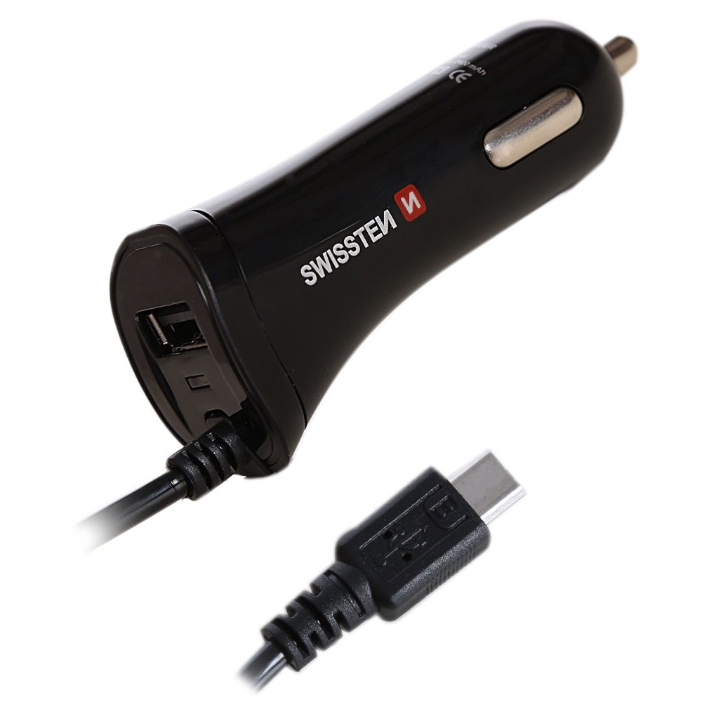 Swissten 20111500 USB-A / USB-C Kábeles Szivargyújtós Autós Töltő - Fekete (20111500)