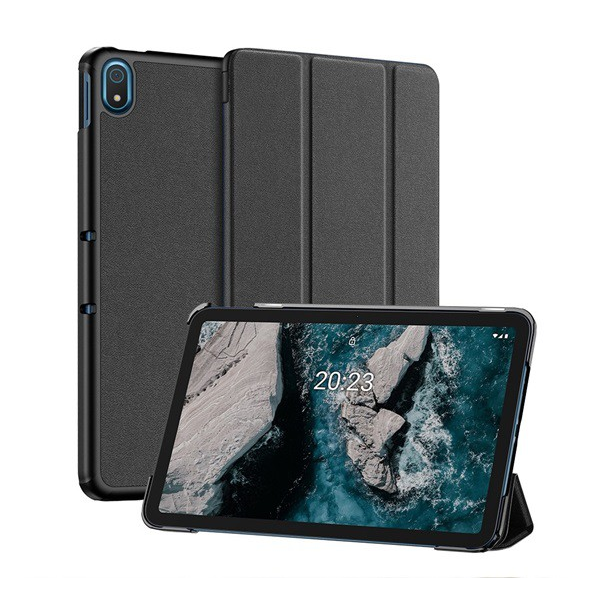 DUX DUCIS DOMO tok álló, bőr hatású (aktív FLIP, oldalra nyíló, TRIFOLD asztali tartó funkció, textil minta) FEKETE [Nokia T20 Wi-Fi] (5996591114279)