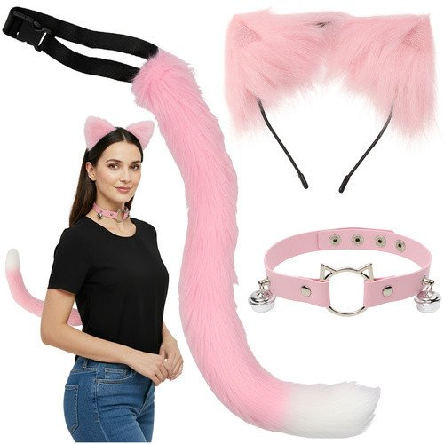 Kostým Kočka Liška Vlk RUHHY Ocas Uši Choker Růžový Převlek 3v1 Kostým