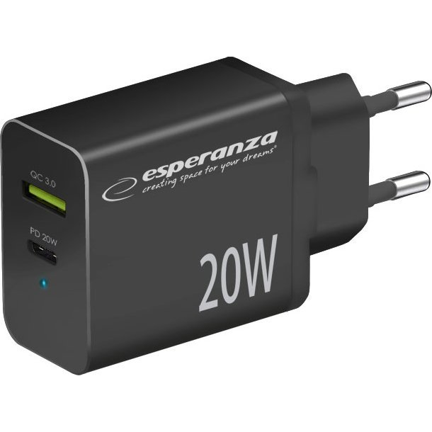 Esperanza Quick Power Charger USB-A / USB-C Hálózati töltő Adapter 20W - Fekete ( )