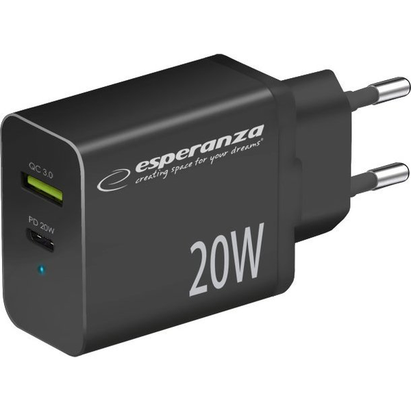 Esperanza Quick Power Charger USB-A / USB-C Hálózati töltő Adapter 20W - Fekete