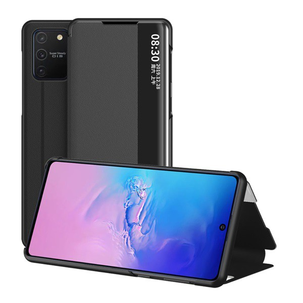 Tok álló, bőr hatású (FLIP, oldalra nyíló, asztali tartó funkció, hívószámkijelzés, View Window) FEKETE [Samsung Galaxy S10 Lite (SM-G770F) ] (5996457965328)