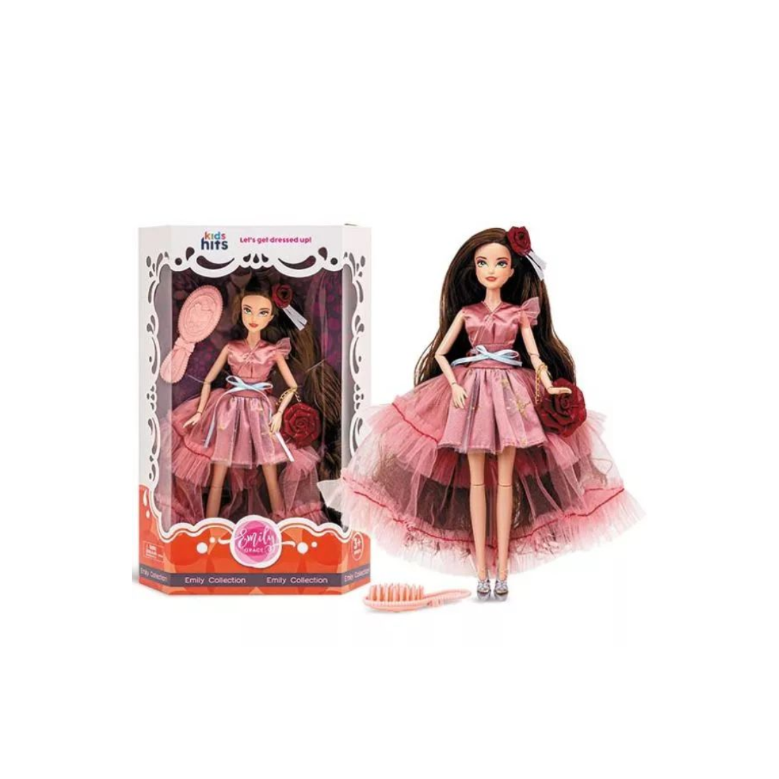 Kids Hits Emily Grace Barna hajú baba Rózsaszín ruhában (KH23/005)