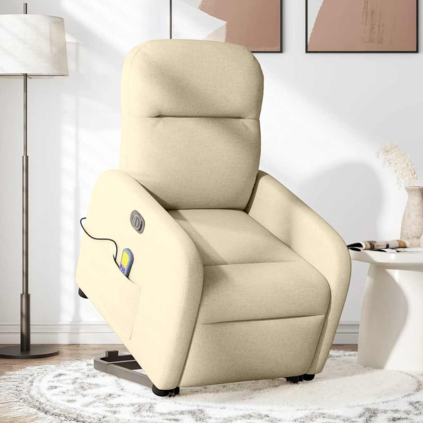 Fotoliu electric de masaj rabatabil cu ridicare, crem, textil