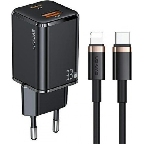 Usams T43 Hálózati Töltő Usb+type-C Aljzat 33w, Pd Gyorstöltő 3.0 + Lightning Kábel, Fekete (USA800)