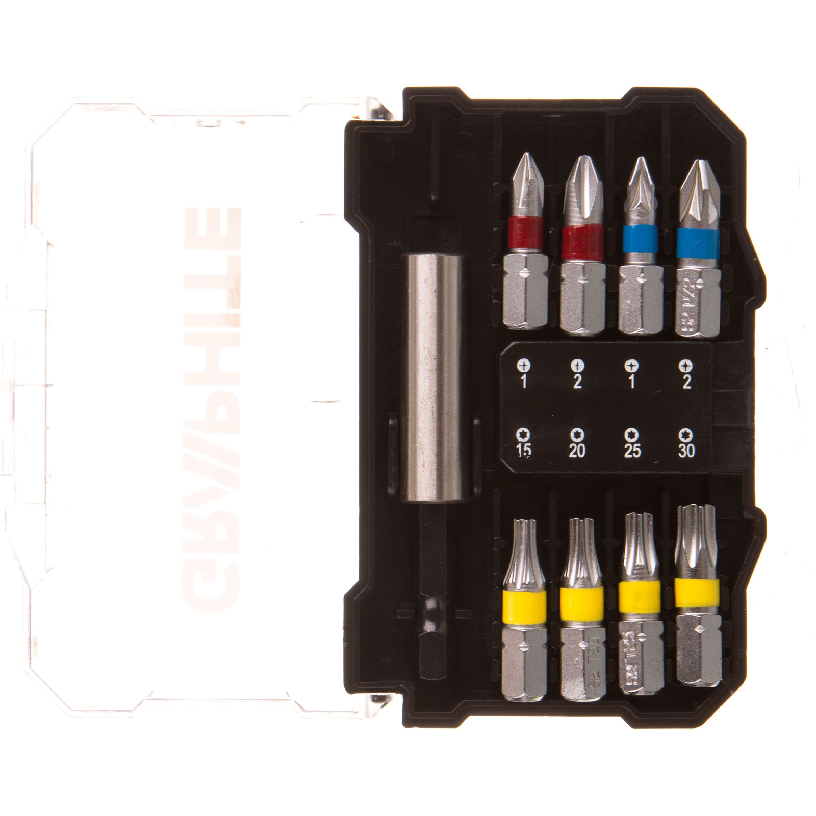 GRAPHITE 56H614 Csavarhúzó Bitkészlet, 10 Részes, Bitek 25mm - 8db, Mágneses Bittartó 1db., Univerzális Doboz 1db (56H614)