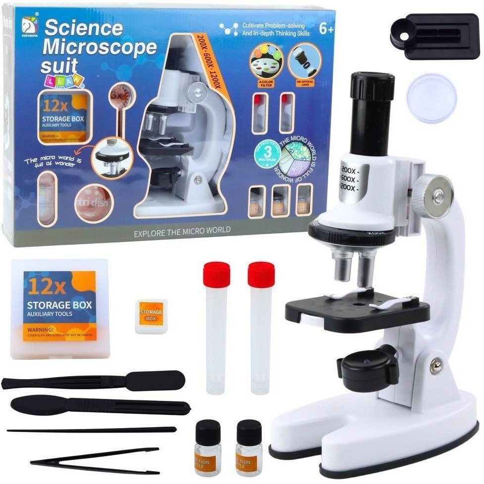Lean Toys Led-Es Oktatómikroszkóp, 1200x Nagyítású, Tudományos Készlet Tartozékokkal (5905991055259)