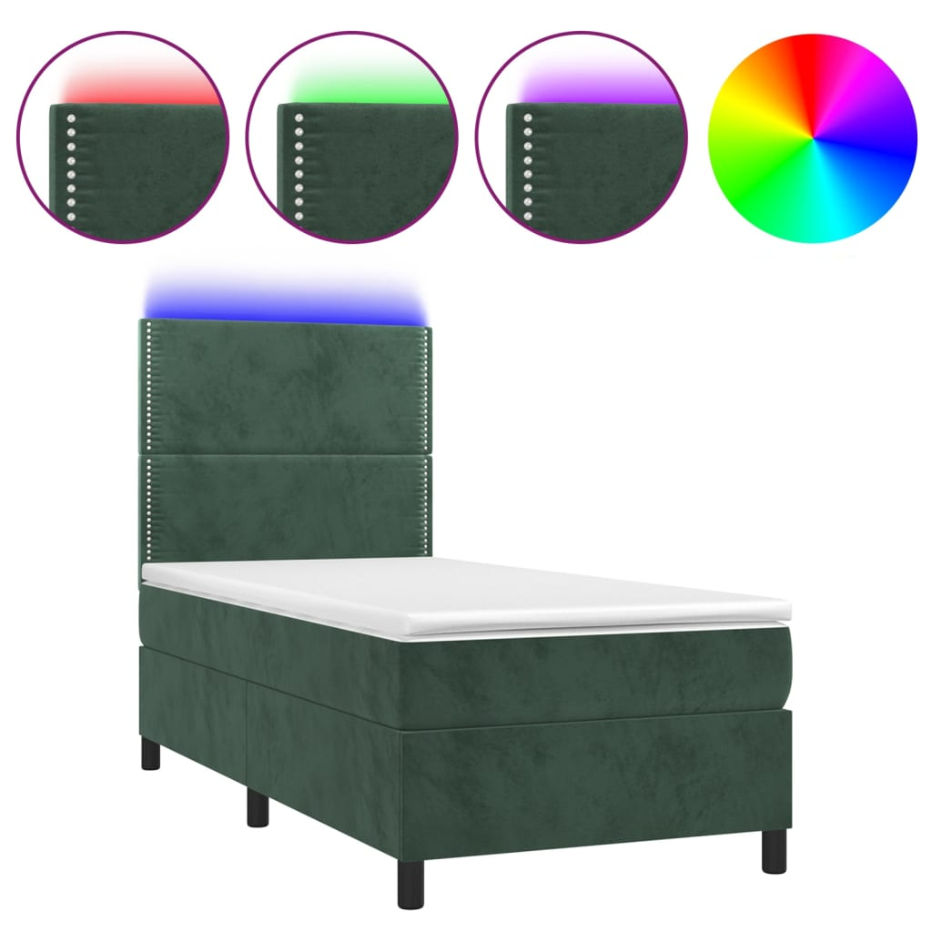 sötétzöld bársony rugós és LED-es ágy matraccal 90x200 cm (3136044)