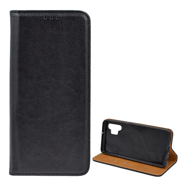 Калъф стоящ, естествена кожа (FLIP, странично отваряне, функция настолен държач) ЧЕРЕН [Samsung Galaxy A32 4G (SM-A325)] (5996591120935)