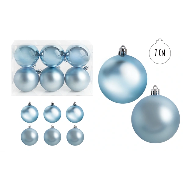 IRIS karácsonyi dísz gömb, szettben, pvc dobozban, 6dbos, azúrkék 7 cm (050411)