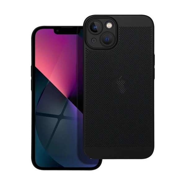 Apple iPhone 13, Műanyag hátlap védőtok, légáteresztő, lyukacsos minta, Breezy, fekete (RS142548)