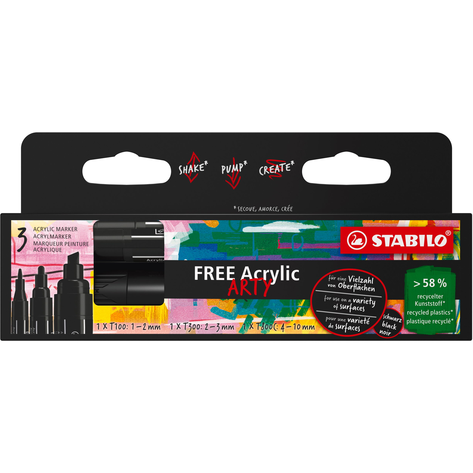 STABILO FREE Acrylic, fekete - 3 db a csomagban 3 különböző heggyel T100, T300, T800C (4006381615174)