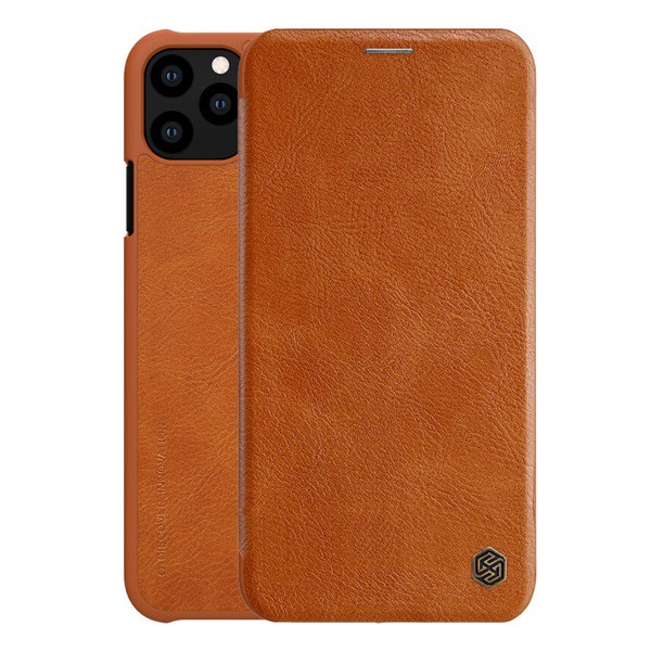 NILLKIN QIN tok álló, bőr hatású (FLIP, oldalra nyíló, bankkártya tartó) BARNA [Apple iPhone 11 Pro Max] (5996457904440)