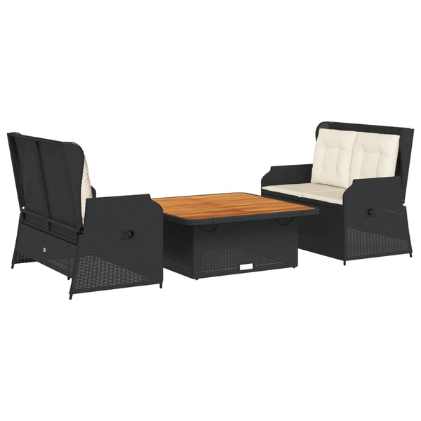 Set mobilier de grădină cu perne, 3 piese, negru, poliratan