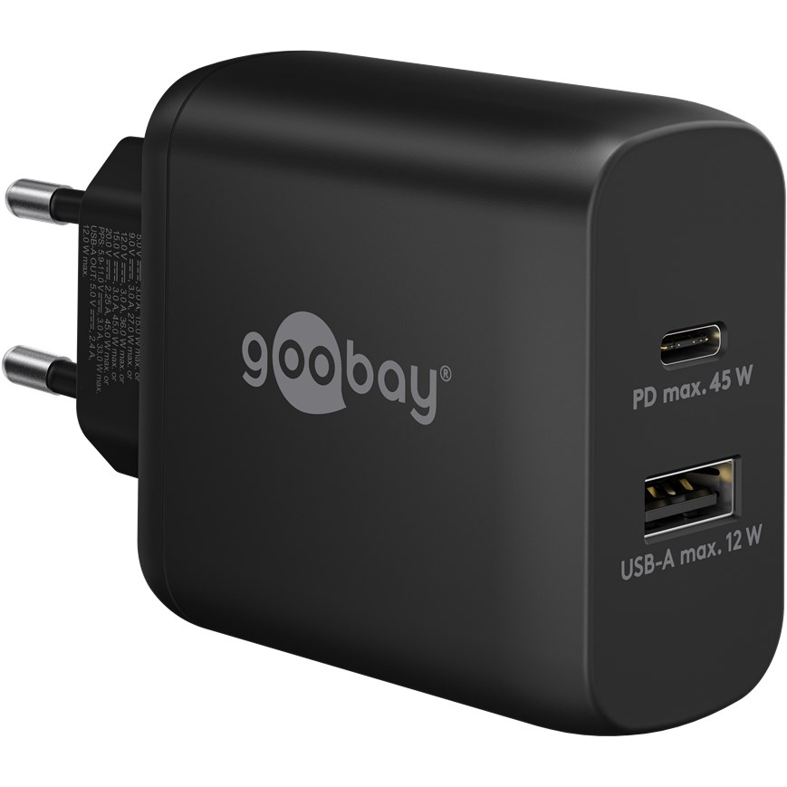 Goobay 65411 1x USB Type-C / 1x USB Type-A Hálózati töltő - Fekete (45W) (65411)