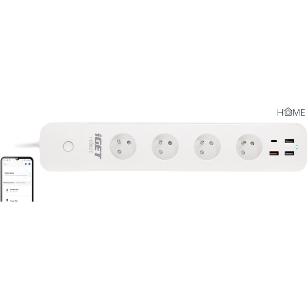 iGET HOME Power 4 USB Smart WiFi hosszabbító, fogyasztásmérés, 4× AC 230 V, 4× USB port, 3680 W