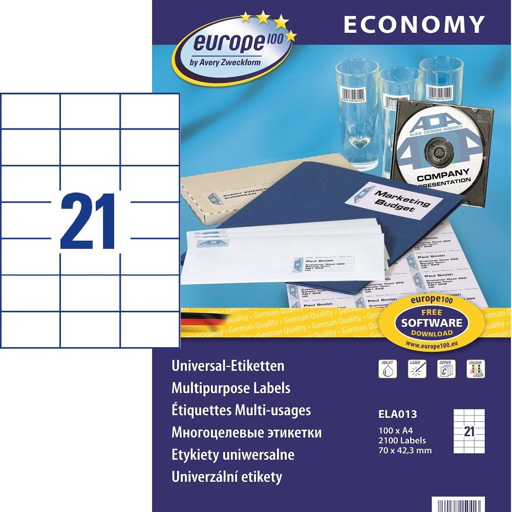 Avery Zweckform 70 x 42.3 mm Címke tintasugaras és lézer nyomtatóhoz (2100 db / csomag) (ELA013)