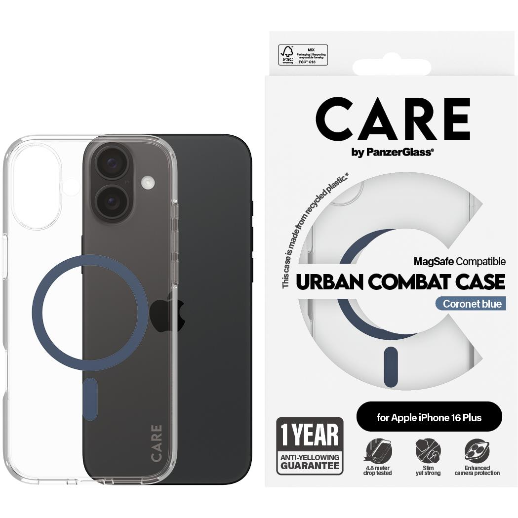 PanzerGlass CARE Apple iPhone 16 Plus MagSafe Urban Combat átlátszó/kék nem sárguló tok (1367)
