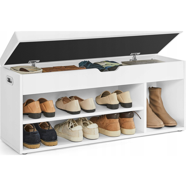Vasagle Ławka na buty z poduszką, ławka do przechowywania z wyściełanym siedziskiem, 3 przegródki, ukryty schowek, półki, salon, salon,