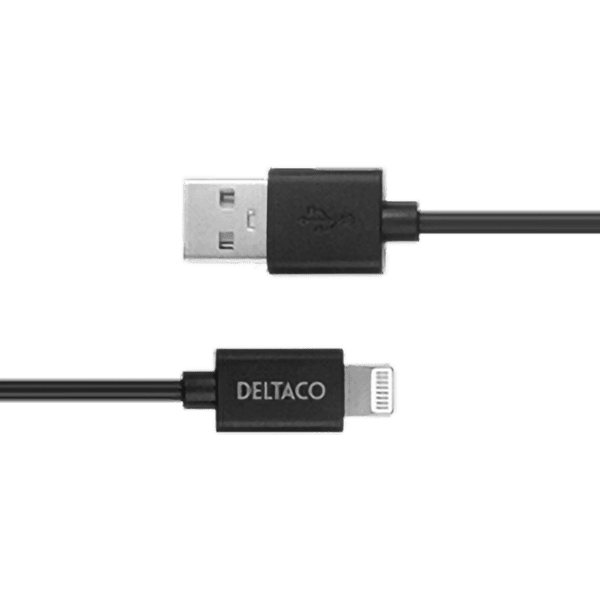 Deltaco кабел за данни и зареждане, тип USB-A към светкавица, MFI сертифициран, 2.4A, 2m, черен