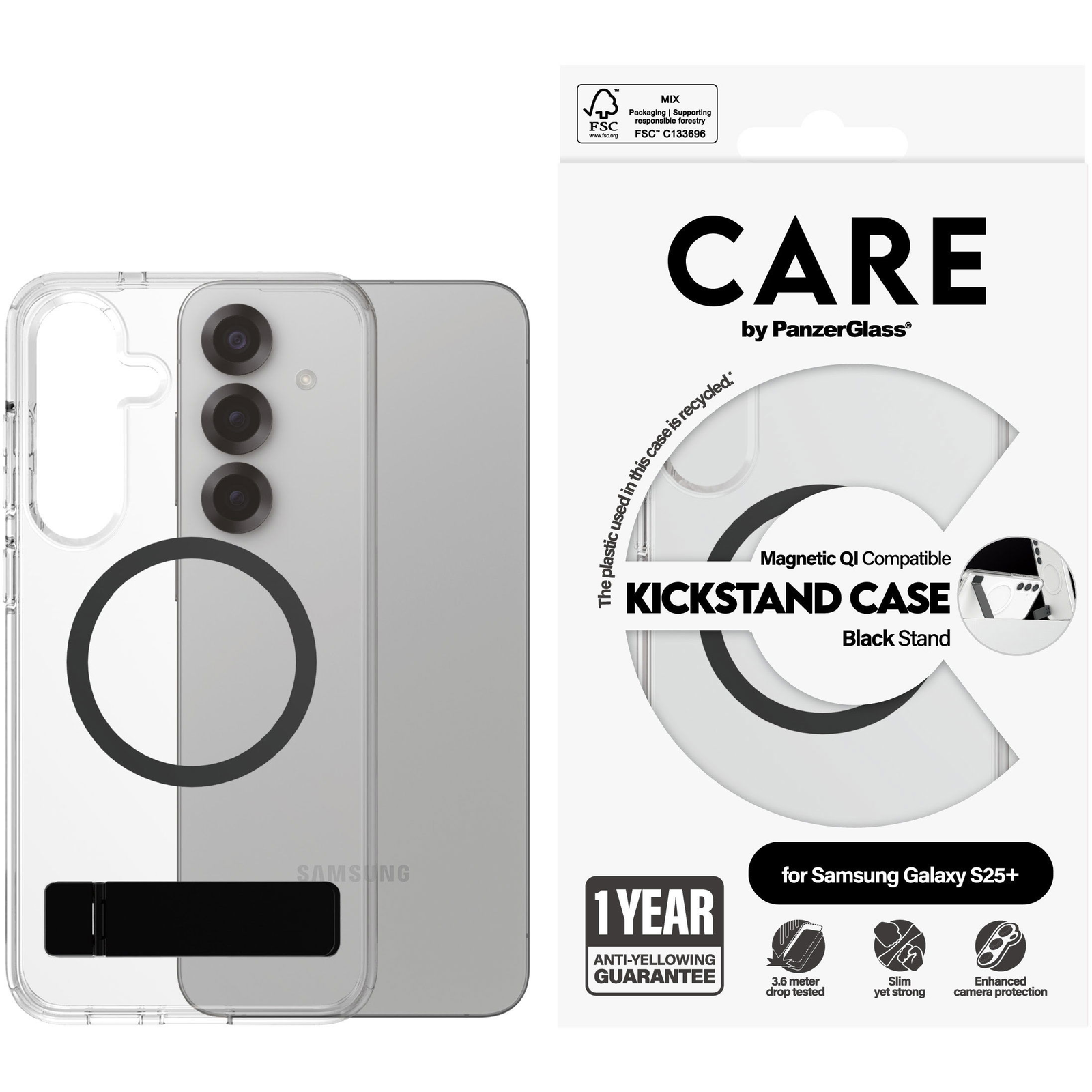 PanzerGlass CARE Kickstand Samsung Galaxy S25+ átlátszó/fekete Qi tok (CRRFBKQG37942)