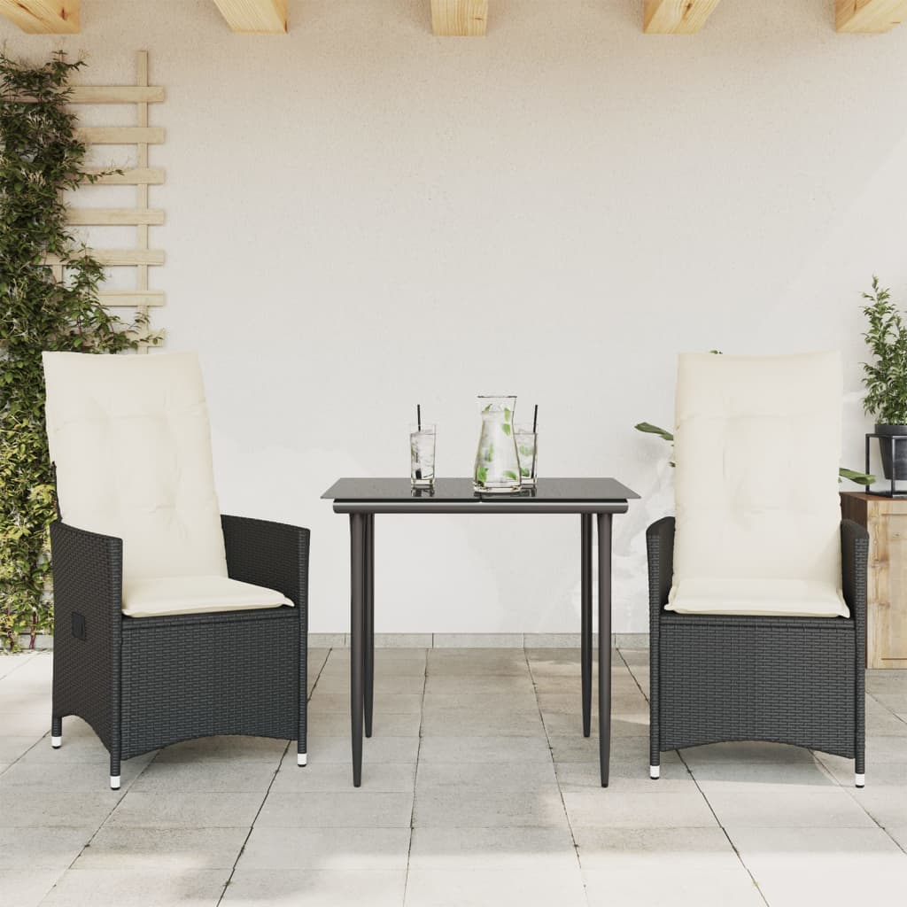 2 db fekete polyrattan dönthető kerti szék párnával (365645)