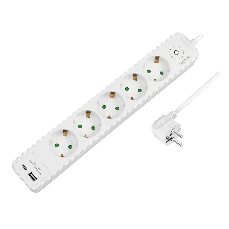 Logilink Aljzat 5-utas + kapcsoló, 5x CEE 7/3, 1x USB-A, 1x USB-C, 1,5 m, fehér (LPS280U) (LPS280U)