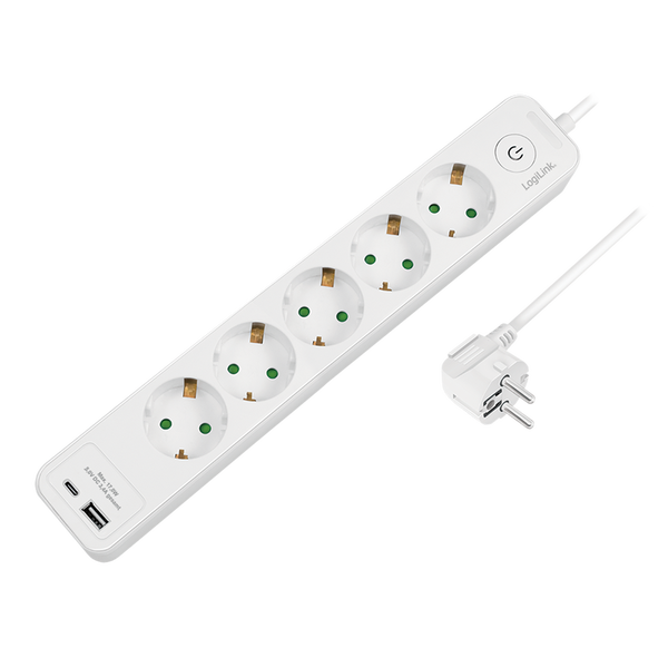 Logilink Zásuvková lišta 5 zásuvek Prodlužovací kabel USB-A/C 1,5 m Bílý