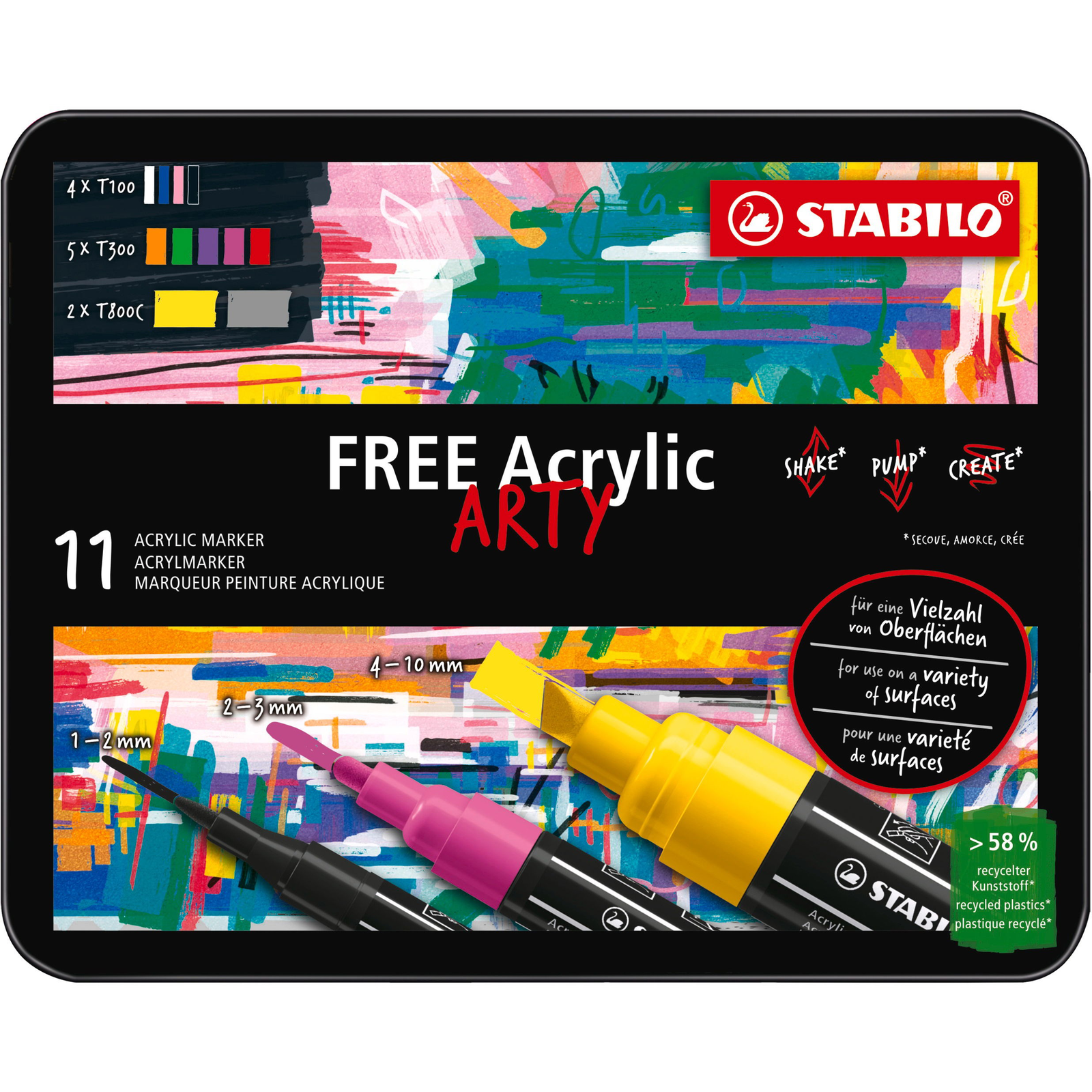 STABILO FREE Acrylic alapkészlet - 11 szín, 3 különböző heggyel, 4x T100, 5x T300, 2x T800C (4006381615198)