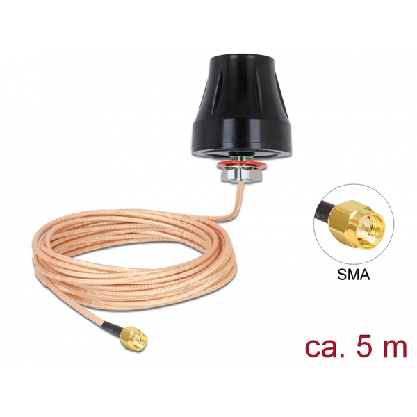 Delock LTE Antenna SMA dugó 2 dBi fix mindenirányú körkörös,csatlakozó kábellel (RG-316U 5 m)kültéri (89899)