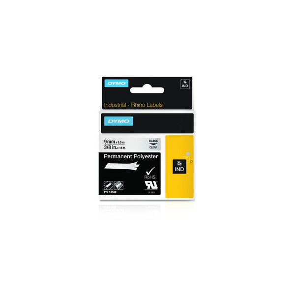 DYMO DY18508 ID1 Индустриални стикери за етикети, постоянен полиестер, 9 mm x 5,5 m, черни / прозрачни