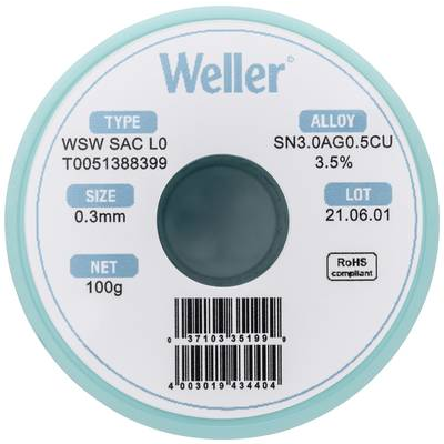 Weller Forrasztóón, ólommentes Tekercs, Ólommentes Sn3,0Ag0,5Cu 100 g 0.30 mm (T0051388399) (T0051388399)