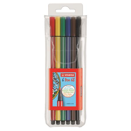 STABILO Pen 68 filtpen Blå, Grøn, Orange, Lyserød, Rød, Gul 6 stk